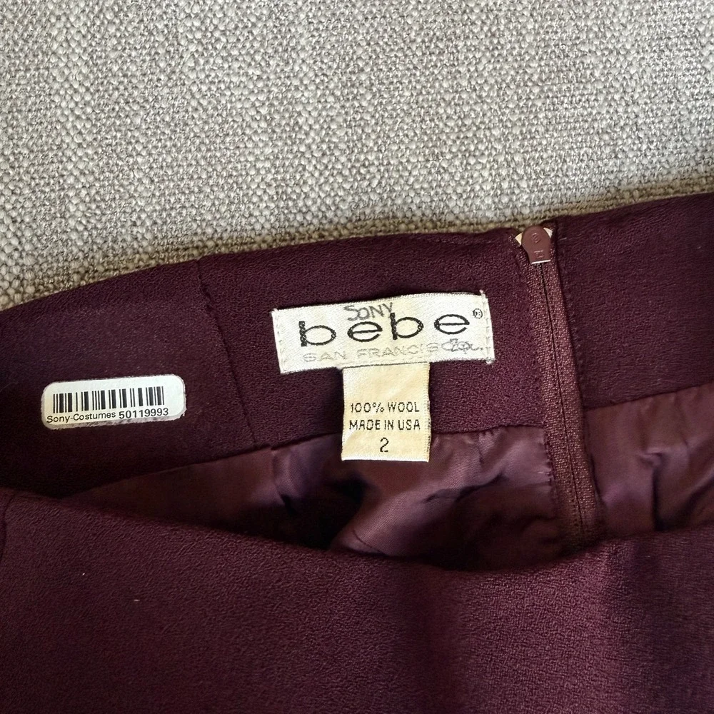 Bebe Two-Piece Suit Set Blazer & Skirt Womens 2 Burgundy Wool Single Breasted